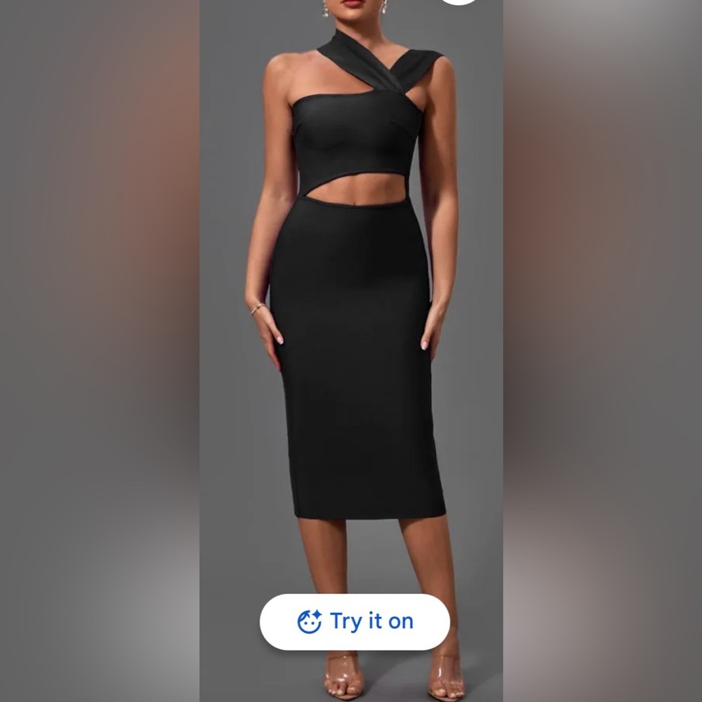 Saylor Cutout BodyCon Midi Dress One Shoulder Double Straps Black Size M NWT